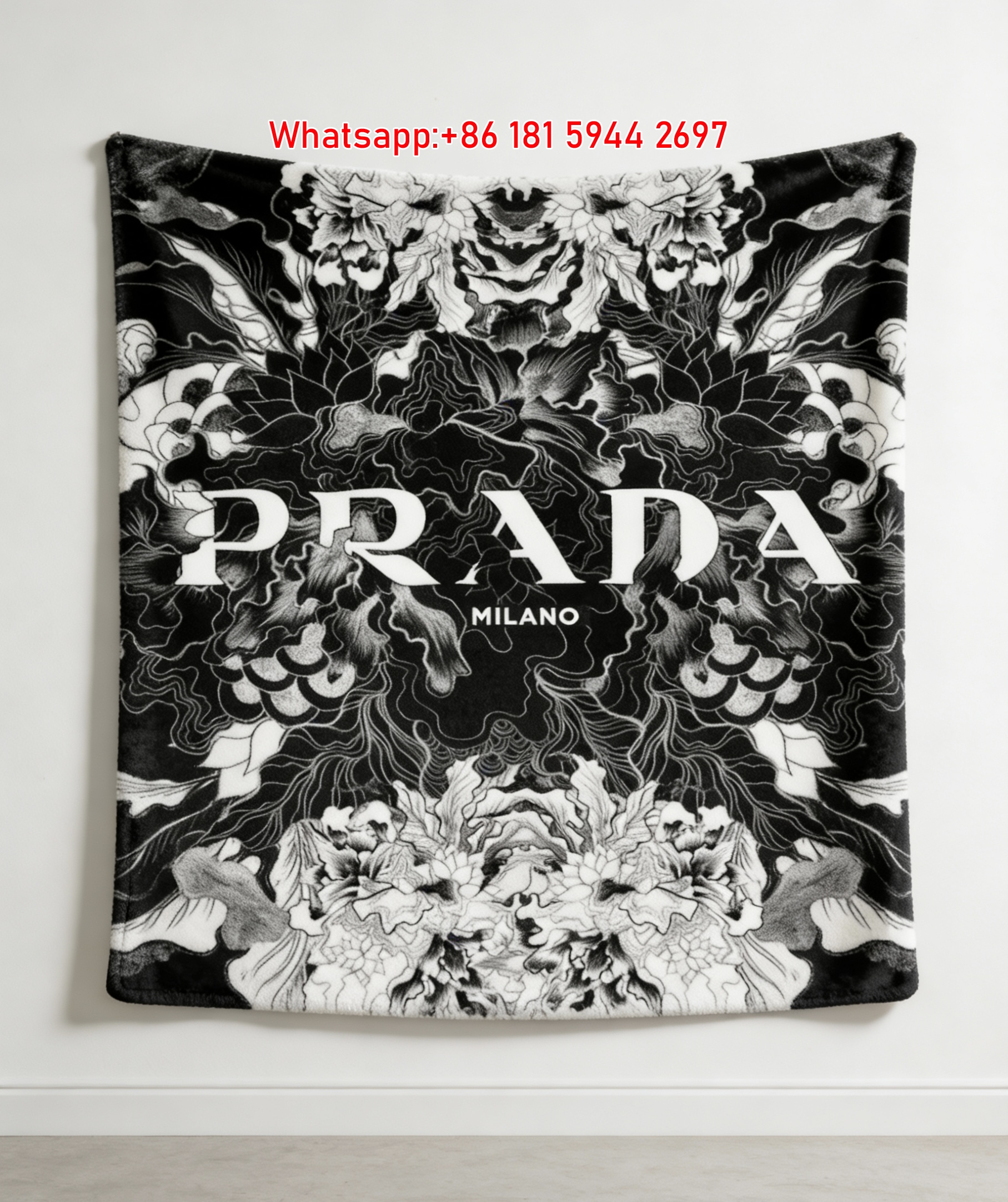 Prada Black White Floral Milano Logo Print Fleece Sofa Throw Blanket Luxury IMG_2679